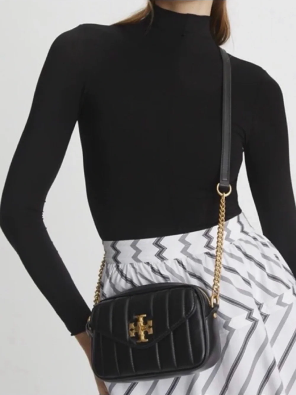 Tory Burch Kira Quilted Leather Mini Camera Crossbody Bag Black / Gold